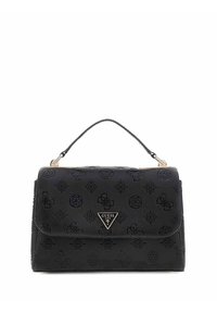 Borsa a mano in pelle nera con motivo logo embossato, hardware dorato, manico superiore e chiusura a patta magnetica. Forma quadrata e design strutturato.