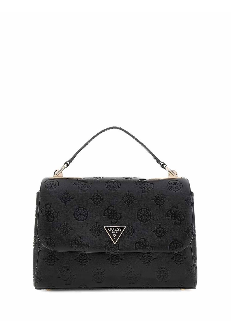 Borsa a mano in pelle nera con motivo logo embossato, hardware dorato, manico superiore e chiusura a patta magnetica. Forma quadrata e design strutturato.