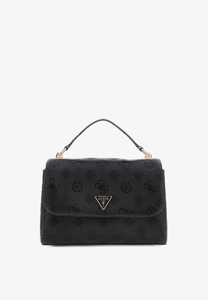 Borsa a mano in pelle nera con motivo logo embossato, hardware dorato, manico superiore e chiusura a patta magnetica. Forma quadrata e design strutturato.