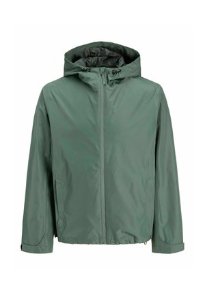 Water-resistant, hooded jacket in muted green, featuring a zip closure, elastic cuffs, and a smooth, matte texture.