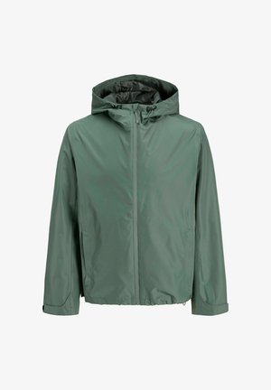 Water-resistant, hooded jacket in muted green, featuring a zip closure, elastic cuffs, and a smooth, matte texture.