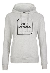 Felpa grigia chiara con logo nero frontale e testo "O'Neill The Original Surf Supply," dotata di cappuccio e coulisse.