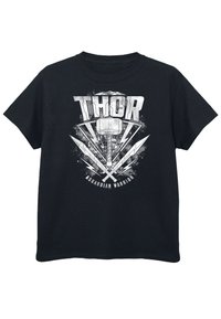 Melnā kokvilnas T-kreklu ar grafisku attēlu, uz kura attēlots Tora āmurs un zobeni balta krāsā, ar tekstu "THOR" un "ASGARDIAN WARRIOR".