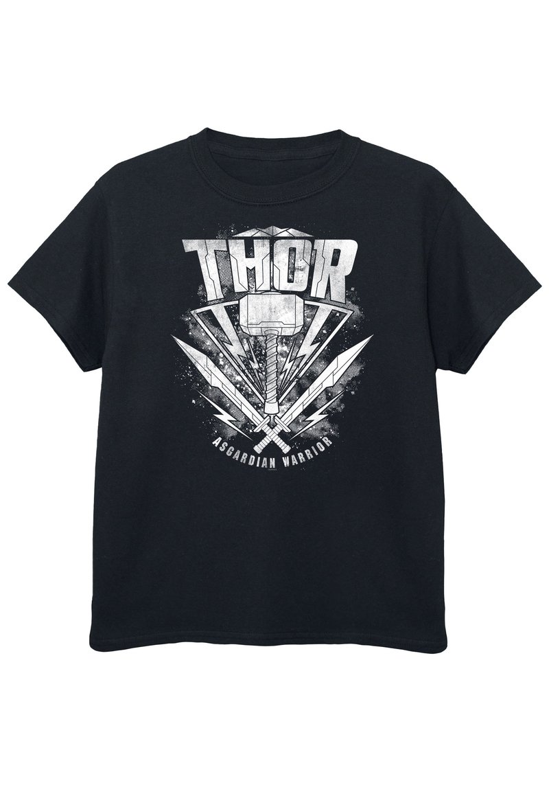 Melnā kokvilnas T-kreklu ar grafisku attēlu, uz kura attēlots Tora āmurs un zobeni balta krāsā, ar tekstu "THOR" un "ASGARDIAN WARRIOR".