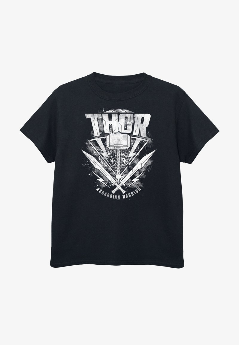 Black cotton t-shirt featuring a graphic print of Thor’s hammer and swords in white, with "THOR" and "ASGARDIAN WARRIOR" text.