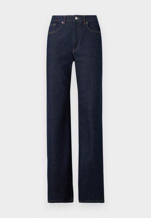 Mørkeblå denim jeans med en lige ben-konstruktion, klassisk fem-lomme stil, synlig syning og en frontknaplukning.