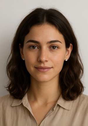 Ritratto di una donna con capelli castani mossi di media lunghezza. Indossa piccoli orecchini rotondi in argento e una camicia beige con colletto. Sfondo semplice.