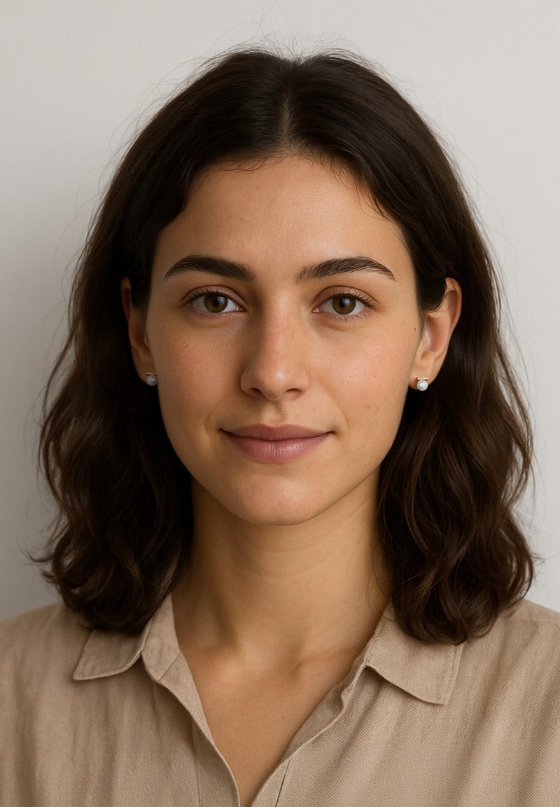 Ritratto di una donna con capelli castani mossi di media lunghezza. Indossa piccoli orecchini rotondi in argento e una camicia beige con colletto. Sfondo semplice.