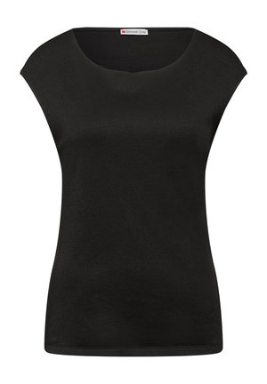 Blusa nera a maniche corte con scollatura tonda e leggere maniche a petalo, fronte semplice e etichetta del marchio Street One all'interno del colletto.