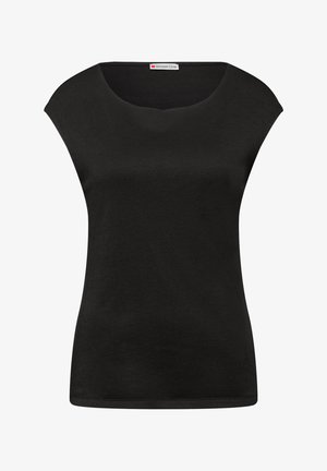 Blusa nera a maniche corte con scollatura tonda e leggere maniche a petalo, fronte semplice e etichetta del marchio Street One all'interno del colletto.