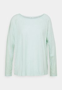 Ljus mintgrön långärmad T-shirt i mjukt, texturerat tyg. Rund halsringning med raglanärmar och en avslappnad passform.