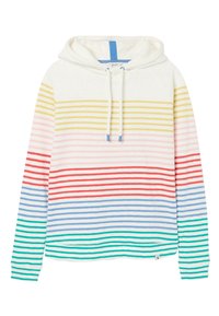 Sweatshirt à capuche avec des rayures horizontales en jaune clair, rose, rouge et bleu sur un fond crème. Il dispose d'une poche avant et de cordons de serrage.