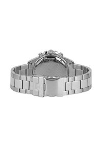 Silberne Herrenarmbanduhr aus Edelstahl mit einem strukturierten runden Gehäuse, Chronographenanzeigen und einem polierten Armband mit einer Faltschließe.
