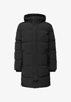 Czarna puchowa kurtka z kapturem, z poziomymi przeszyciami, bocznymi kieszeniami na zamek i elastycznymi mankietami. Wykonana z miękkiego, ocieplanego materiału.