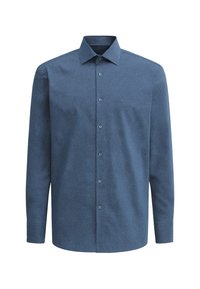 Camicia blu a maniche lunghe con tessuto a fantasia, collo con bottoni e bottoni frontali. Il tessuto appare liscio con una leggera lucentezza.
