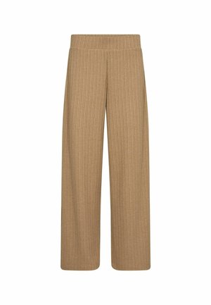 Beige wijde broek met een textuur van ribbels, voorzien van een elastische tailleband voor comfort en een relaxed fit.