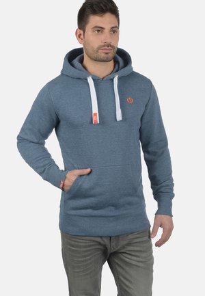 Blue cotton hoodie with a front pocket, white drawstring, and an orange logo. Features ribbed cuffs and hem for a fitted look.