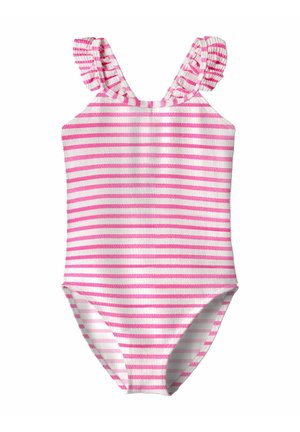 Maillot de bain une pièce pour enfants avec des rayures horizontales roses et blanches et des bretelles à volants.