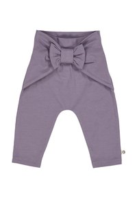 Leggings per neonati viola con un grande fiocco decorativo in vita e un piccolo etichetta in tessuto sulla cucitura laterale.