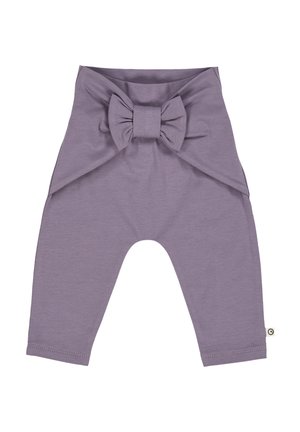 Leggings per neonati viola con un grande fiocco decorativo in vita e un piccolo etichetta in tessuto sulla cucitura laterale.