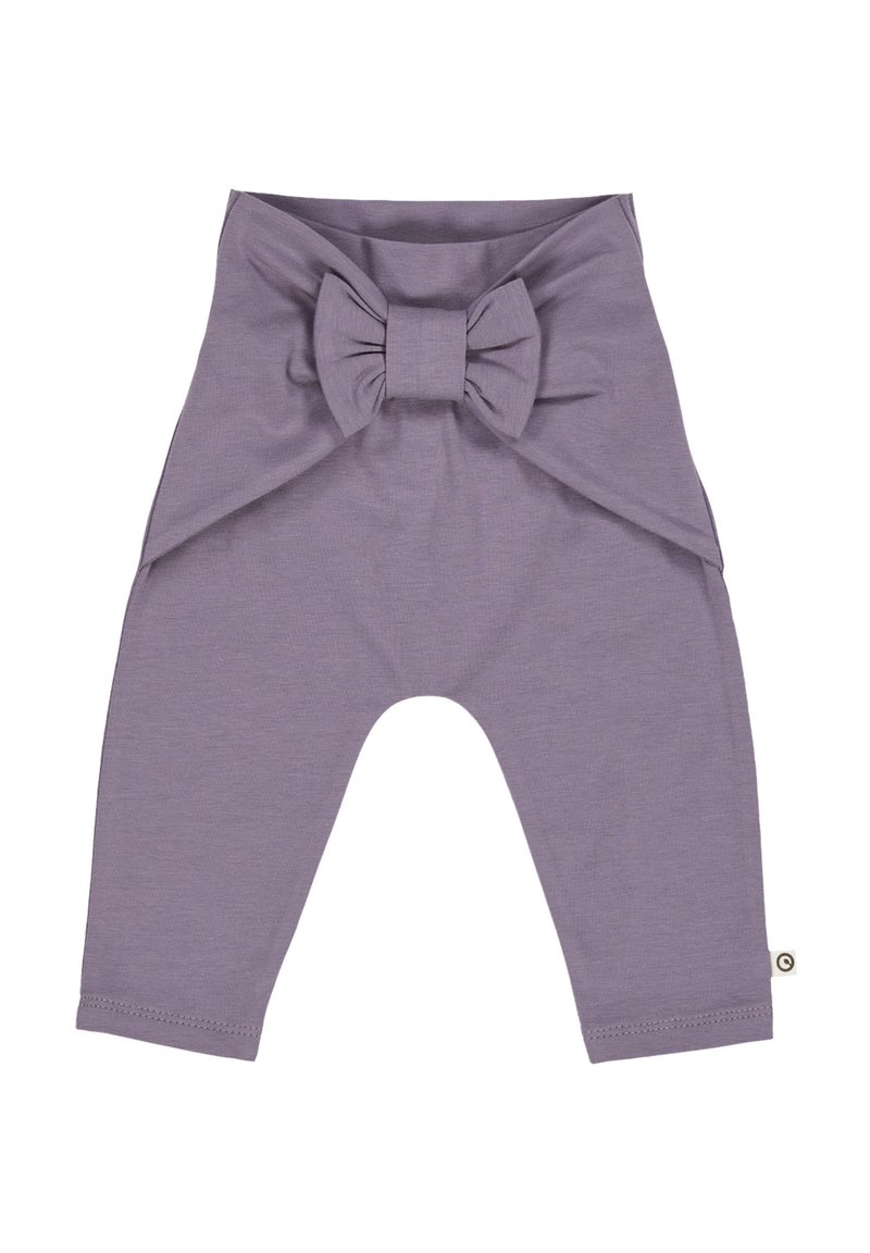 Leggings per neonati viola con un grande fiocco decorativo in vita e un piccolo etichetta in tessuto sulla cucitura laterale.