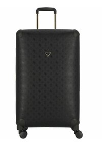 Valigia nera rigida con motivo testurizzato, logo dorato, manico retrattile e quattro ruote per la mobilità.