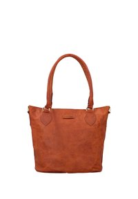 Brown leather tote bag with two shoulder straps and a small rectangular label on the front center.
