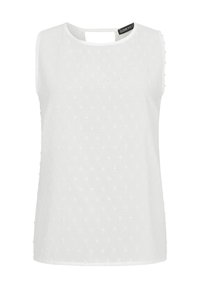 Wit mouwloos topje met een ronde halslijn, voorzien van een gestructureerd polkadotpatroon en een kleine uitsnijding aan de achterkant. Zachte, lichtgewicht stof.