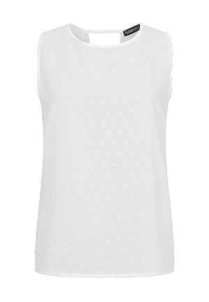 Hvit ermeløs topp med rund hals, med et teksturert prikkmønster og en liten åpning bak. Mykt, lett stoff.
