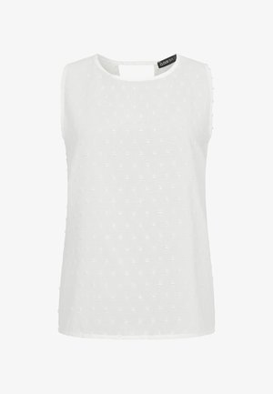 Bílý top bez rukávů s kulatým výstřihem, zdobený texturovaným vzorem s puntíky a malým výřezem na zádech. Měkká, lehká látka.