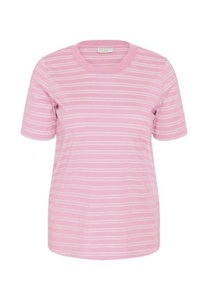 Pink short-sleeve t-shirt with thin white horizontal stripes and a round neckline, displayed against a white background.