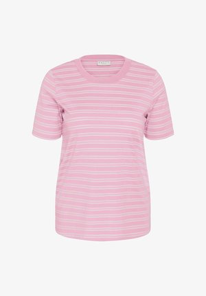 Pink short-sleeve t-shirt with thin white horizontal stripes and a round neckline, displayed against a white background.
