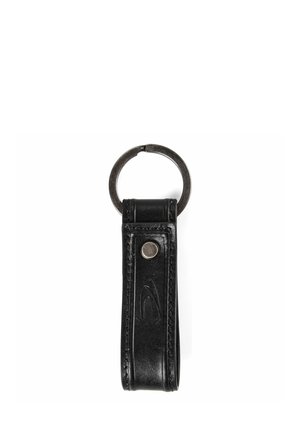 Schwarzer Leder-Schlüsselanhänger mit Metallring und einem silbernen Knopf, rechteckige Form mit genähten Kanten auf weißem Hintergrund.