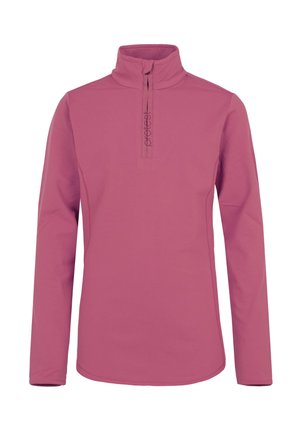 Rosa Langarmoberteil mit einem halb geöffneten Kragen. Glatter Stoff, taillierter Schnitt und ein dezentes Logo entlang des Reißverschlusses. Leicht und atmungsaktiv.