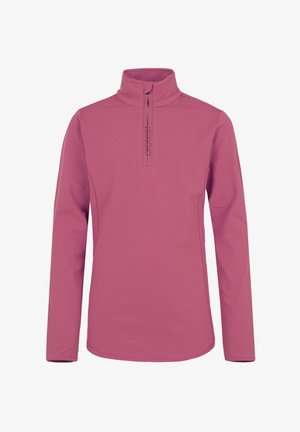 Różowa bluzka z długim rękawem i pół-zamkiem przy kołnierzu. Gładki materiał, dopasowany krój oraz subtelne logo wzdłuż zamka. Lekka i przewiewna.