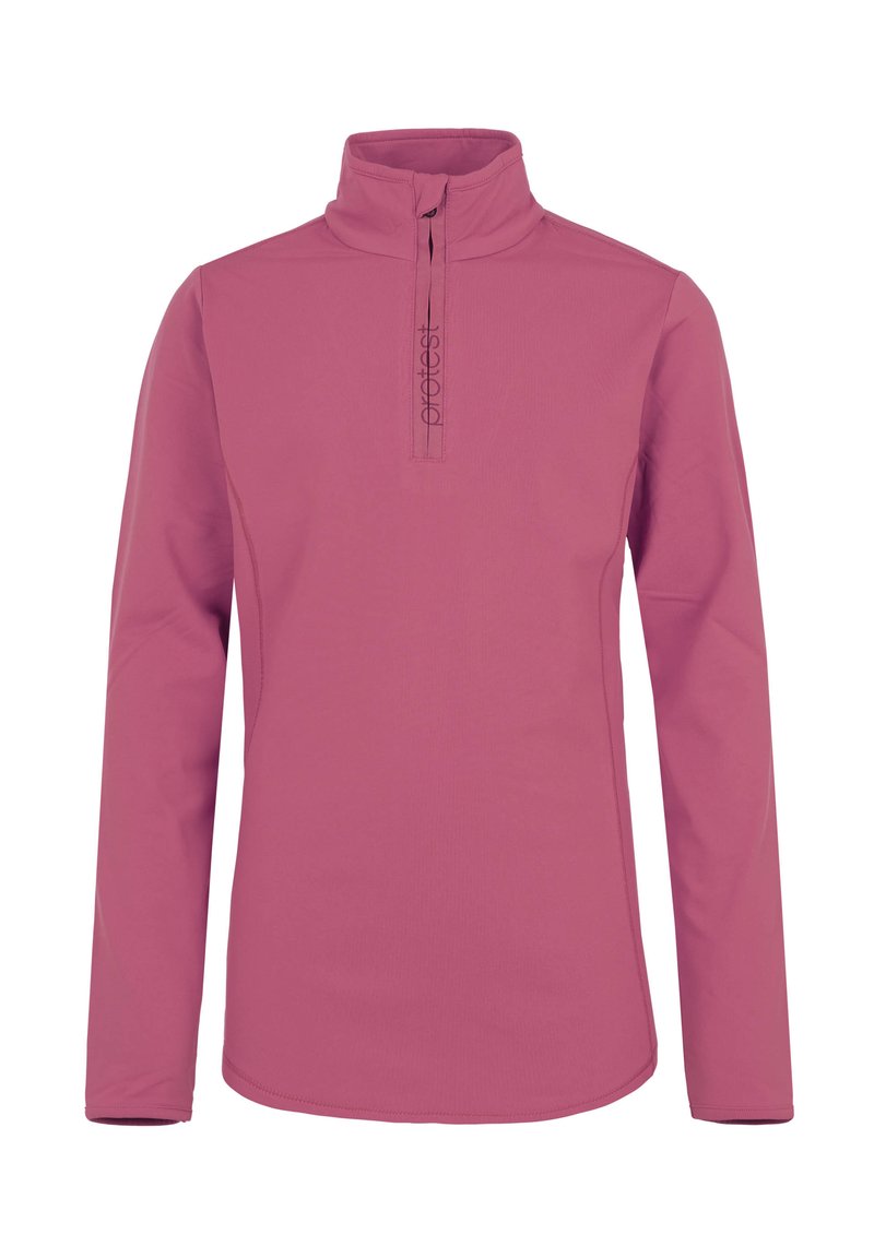 Camiseta rosa de manga larga con cuello de media cremallera. Tejido suave, diseño ajustado y un logo sutil a lo largo de la cremallera. Ligera y transpirable.