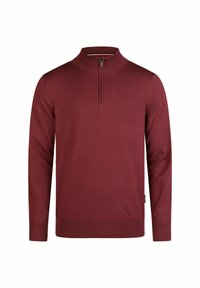 Burgunderfarbener, langärmeliger Strickpullover mit halbem Reißverschluss und mock-neck, mit gerippten Bündchen und Saum, vor einem weißen Hintergrund präsentiert.