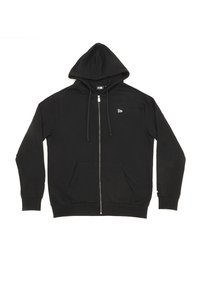 Haut à zip noir en tissu mélangé coton. Comprend une poche avant, des cordons de serrage et un petit logo sur la poitrine. Texture douce.