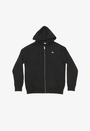 Black zip-up hoodie made of cotton blend fabric. Features a front pocket, drawstrings, and a small logo on the chest. Soft texture.