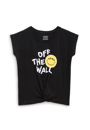 Sort bomulds-T-shirt med korte ærmer, med et gult smilende ansigt og hvid tekst, der siger "OFF THE WALL" i et knyttet frontdesign.