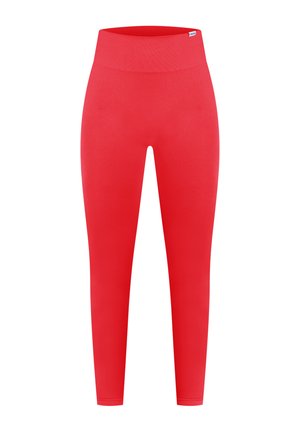 Rode high-waisted leggings met een gladde textuur en een strakke pasvorm, voorzien van een brede tailleband. Geen zichtbare patronen of hardware-details.
