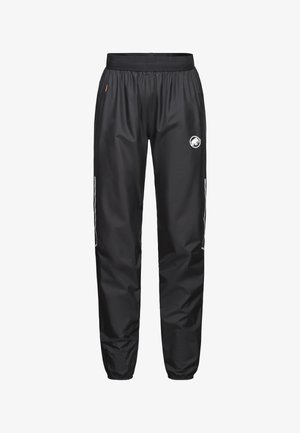 Sorte vandtætte bukser med elastisk talje, prydet med et logo på venstre ben og reflekterende detaljer langs siderne.