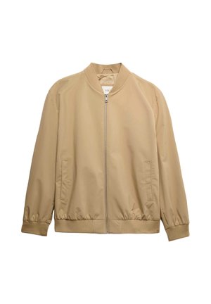 Beige bomberjack met rits, geribde kraag, manchetten en zoom, voorzien van zijzakken en een gladde stofafwerking.