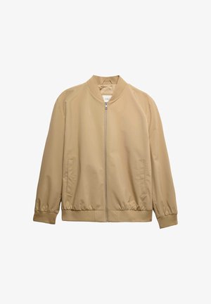 Beige bomberjack met rits, geribde kraag, manchetten en zoom, voorzien van zijzakken en een gladde stofafwerking.