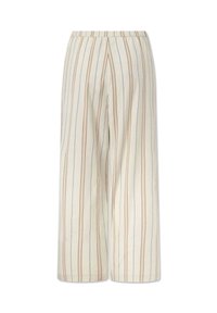 Linnen wijde pijpen broek met een elastische tailleband, voorzien van verticale strepen in ivoor, bruin en blauw, met een gladde textuur.