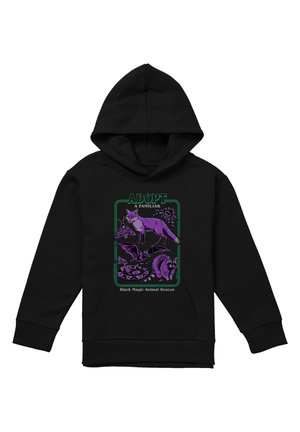 Schwarzer Hoodie mit violetten Illustrationen eines Fuchses, einer Fledermaus, eines Waschbären, einer Schlange und Motten. Text lautet "Adoptiere ein Vertrautes" und "Black Magic Animal Rescue".