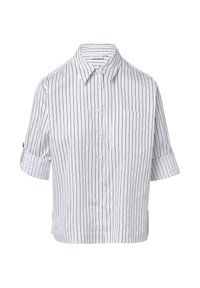 White short-sleeve button-up shirt with vertical navy stripes, pointed collar, single chest pocket, and rolled cuff detail.