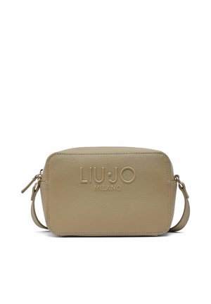Sac bandoulière beige compact avec finition texturée et logo embossé "LIU JO MILANO" sur le devant, équipé d'une fermeture éclair et d'une sangle réglable.