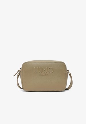 Sac bandoulière beige compact avec finition texturée et logo embossé "LIU JO MILANO" sur le devant, équipé d'une fermeture éclair et d'une sangle réglable.