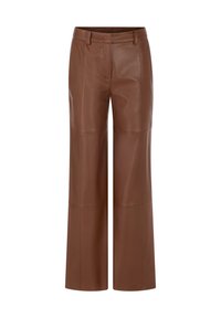 Brown leather wide-leg pants featuring a smooth texture, a mid-rise waistband, and visible seam detailing for a structured silhouette.